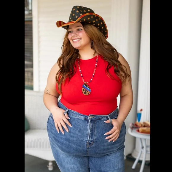 Southern Grace Tops - Grace+Emma Miss Americana Sleeveless Bodysuit in Red - 2X